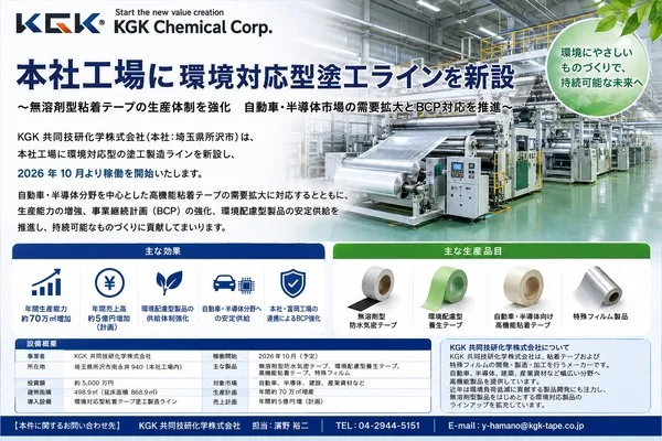 KGK共同技研化学、埼玉・所沢に新ライン稼働へ 自動車・半導体向け高機能テープを増産