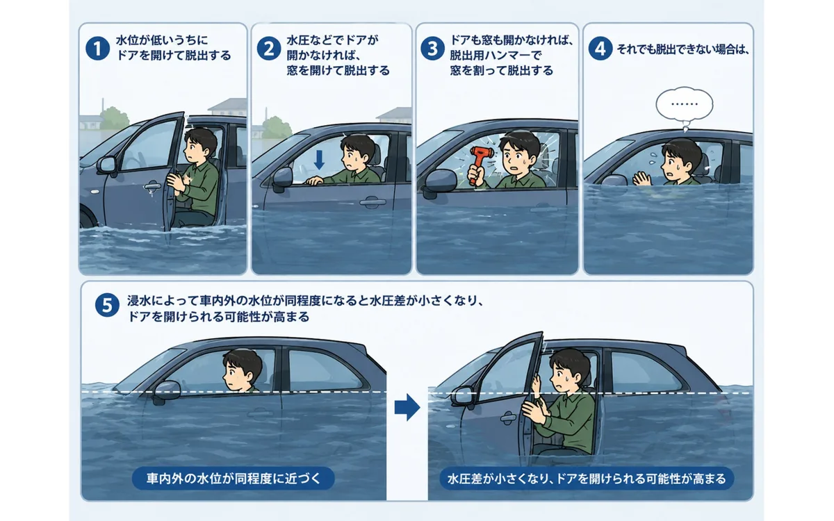 水没からの脱出術 ドアも窓も開かないとき、あなたの愛車はどうする？