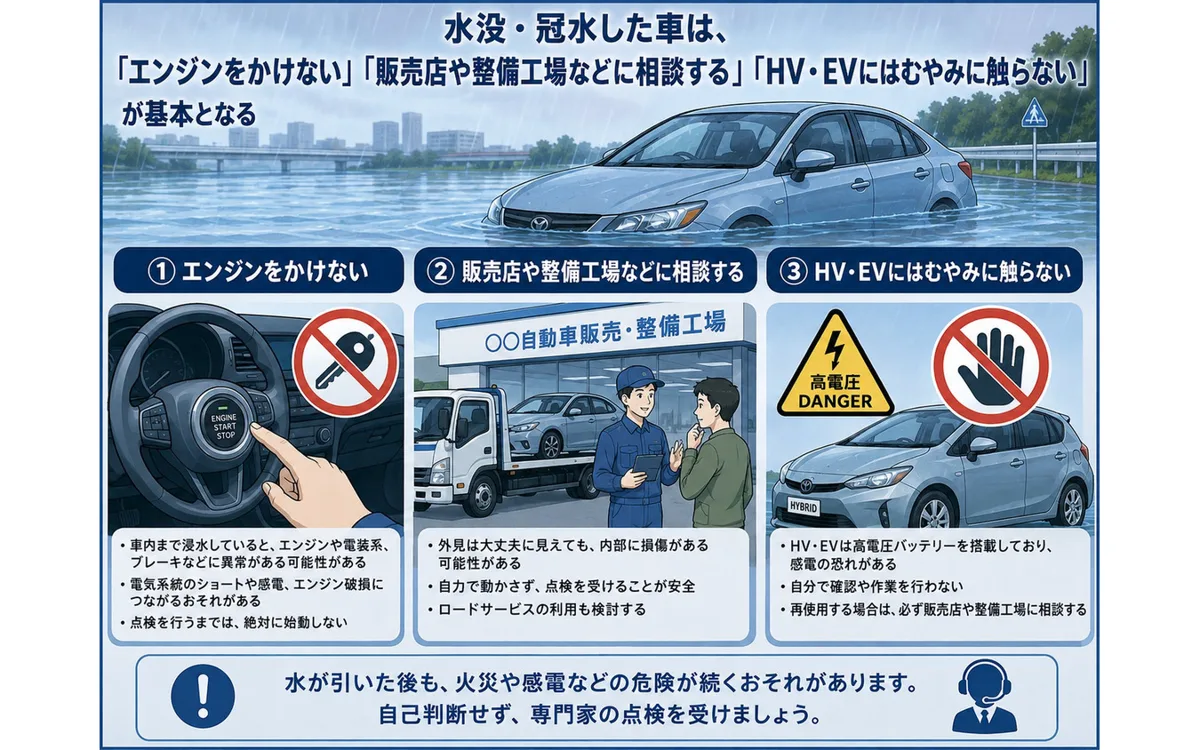 水没車は見た目無事でも危険！エンジン始動NG、HV・EVは絶対触るな